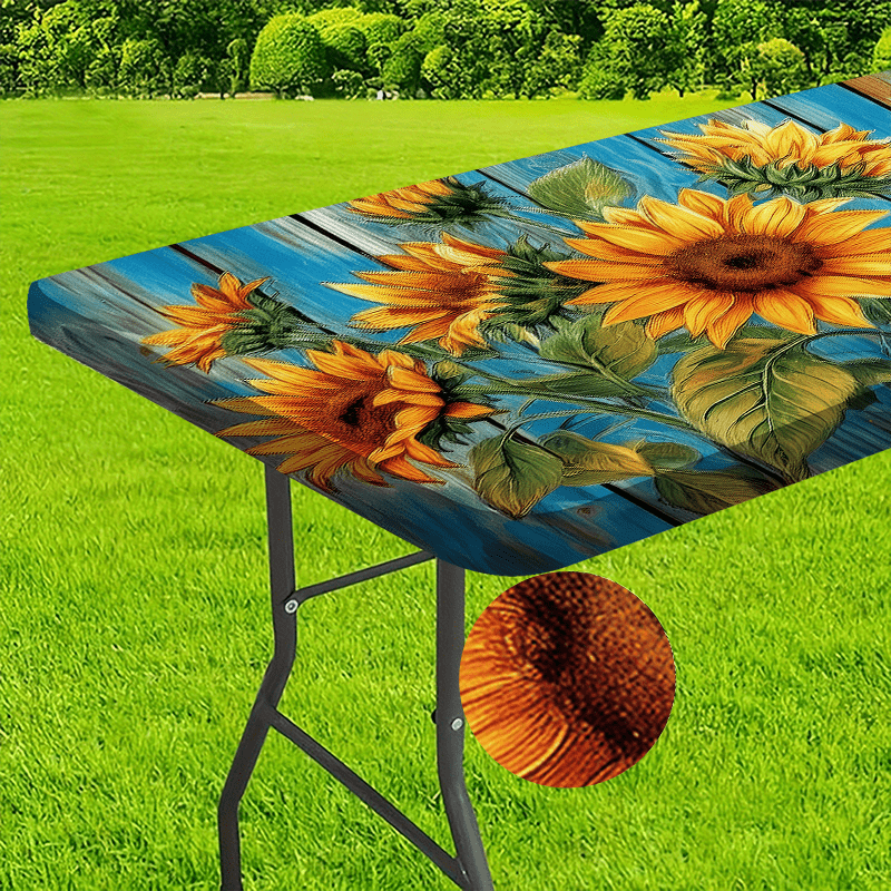 1pc Vibrant Sunflower Tablecloth with Elastic Design - Rectangular Polyester Outdoor Table Runner, Machine, Perfect for Camping, Picnics & Garden Parties, Adds Natural Charm to Your Dining Experience, Picnic Tablecloth | Vibr
