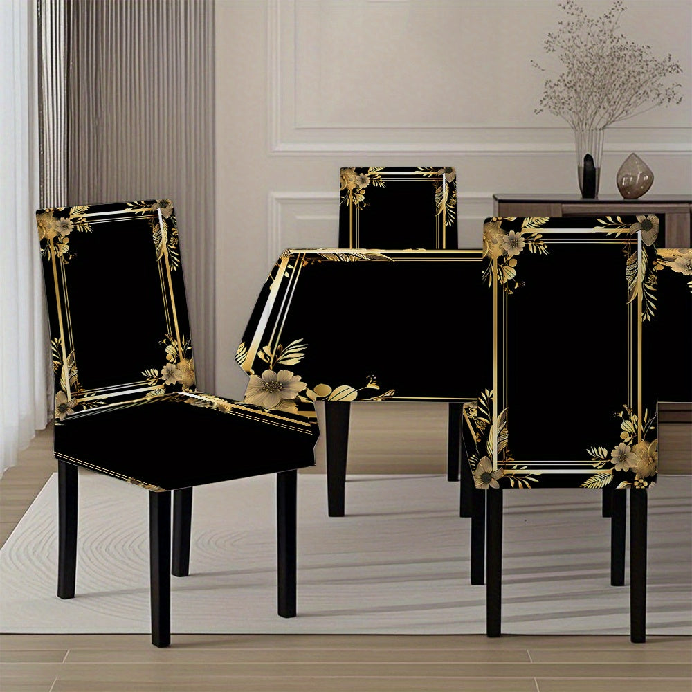 5pcs/ 7pcs Black Background Golden Frame Pattern Tablecloth And Chair Cover Set, 5pieces (1Tablecloth 4Chair Covers), 7pieces (1Tablecloth 6Chair Covers), Non-Slip Tablecloth Chair Cover, Suitable for Family Gatherings, Festi
