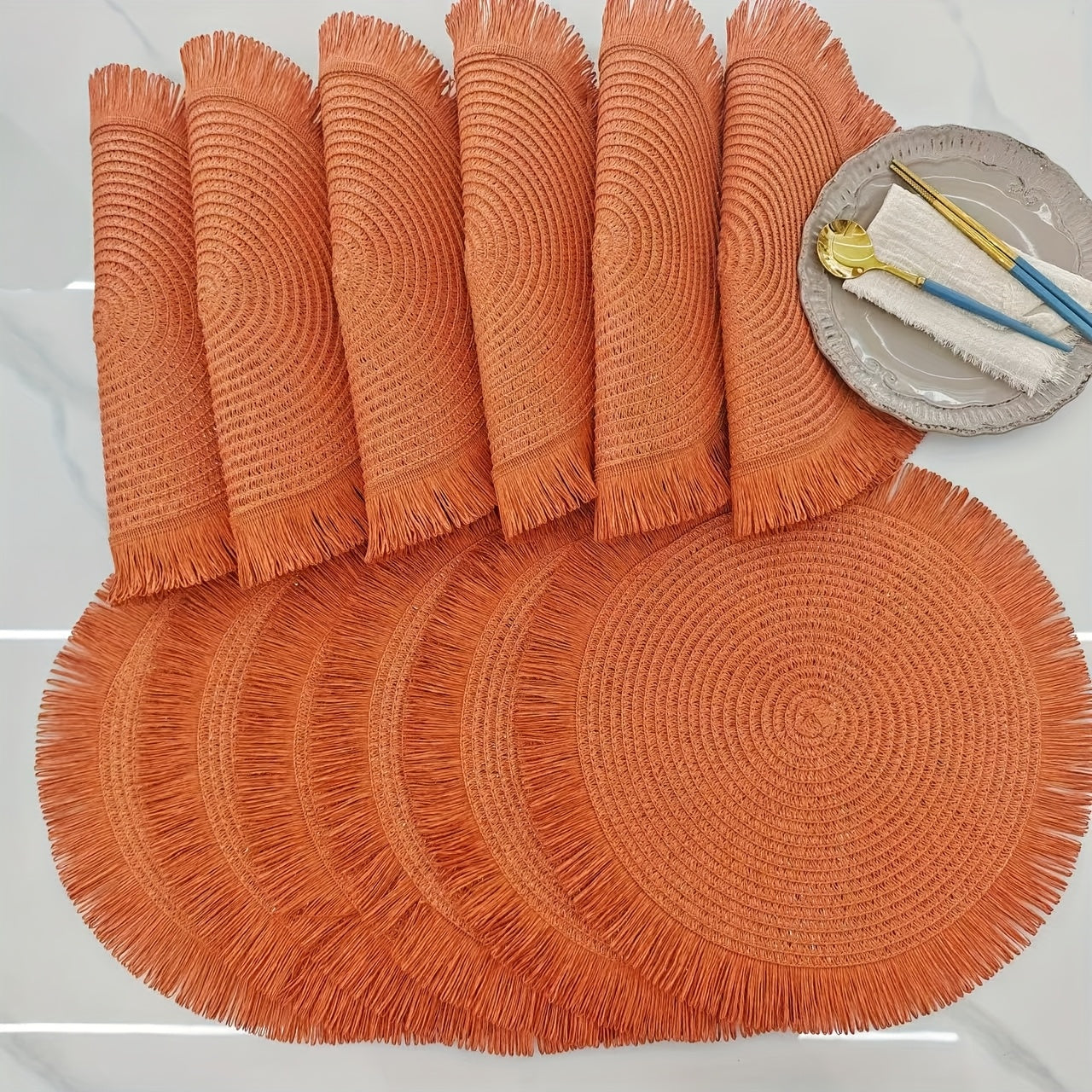 [12pcs Bohemian Linen Placemats]12pcs Bohemian-Style Round Placemats with Tassels, 6 Popular Colors, 15Inch Farmhouse Paper Placemats for Natural Farmhouse Table Family Gatherings Birthdays Party Decor, Heat-Resistant Protect