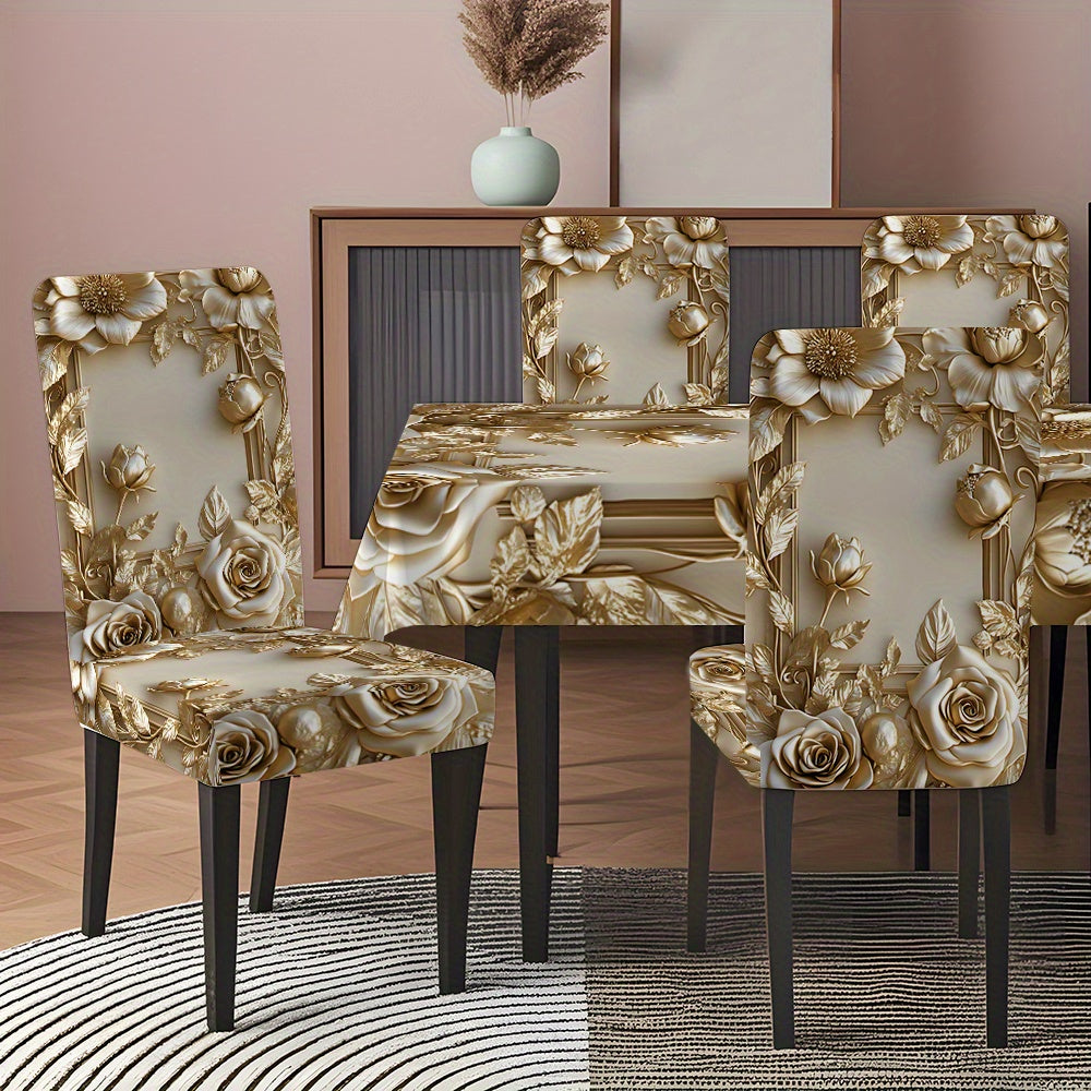 5pcs/ 7pcs Luxury Golden Flower Pattern Tablecloth And Chair Cover Set, 5pcs (1 Tablecloth 4 Chair Covers), 7pcs (1 Tablecloth 6 Chair Covers), Non-Slip Tablecloth Chair Cover, Suitable for Family Gatherings, Holiday Table An
