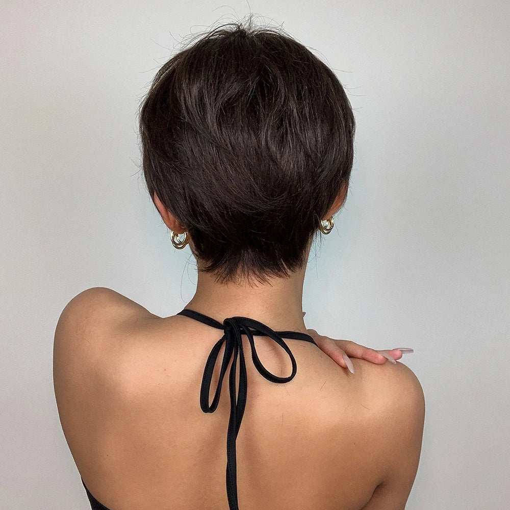 Dark Brown Layered Pixie Wig with fluffy Bangs