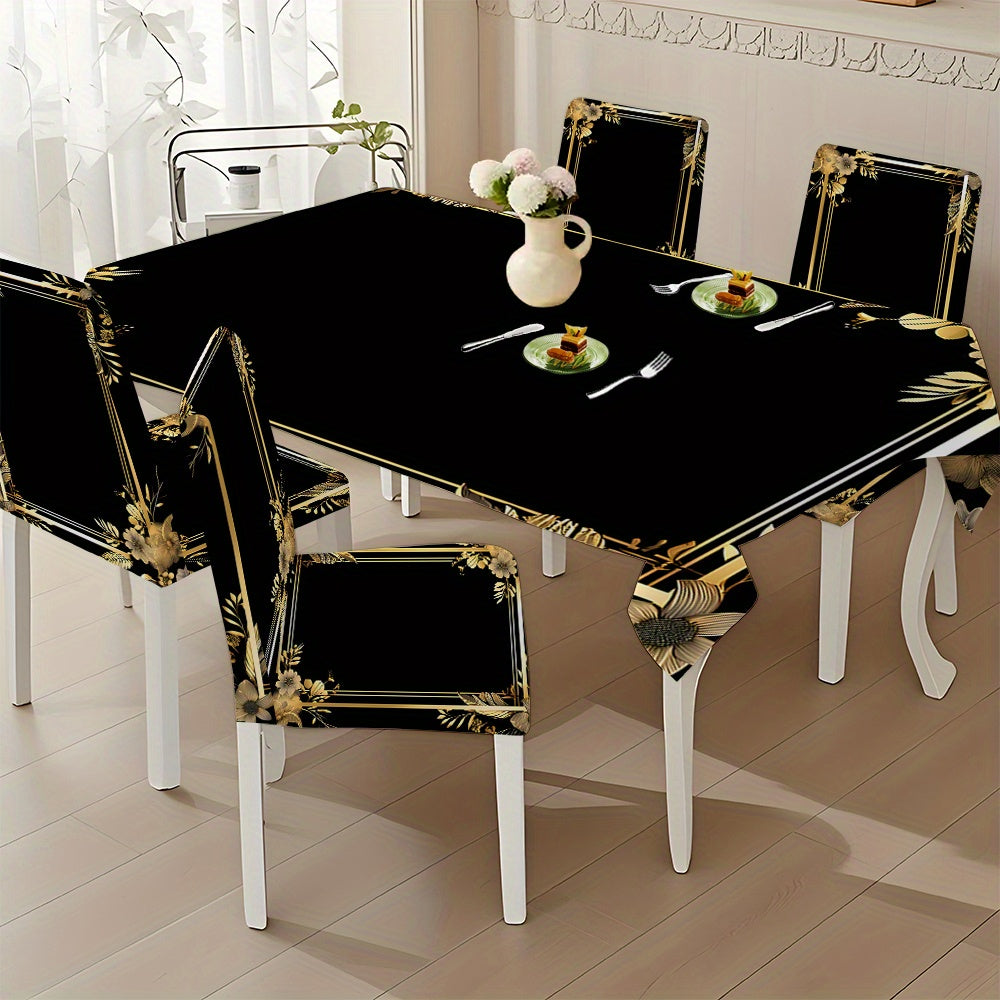 5pcs/ 7pcs Black Background Golden Frame Pattern Tablecloth And Chair Cover Set, 5pieces (1Tablecloth 4Chair Covers), 7pieces (1Tablecloth 6Chair Covers), Non-Slip Tablecloth Chair Cover, Suitable for Family Gatherings, Festi