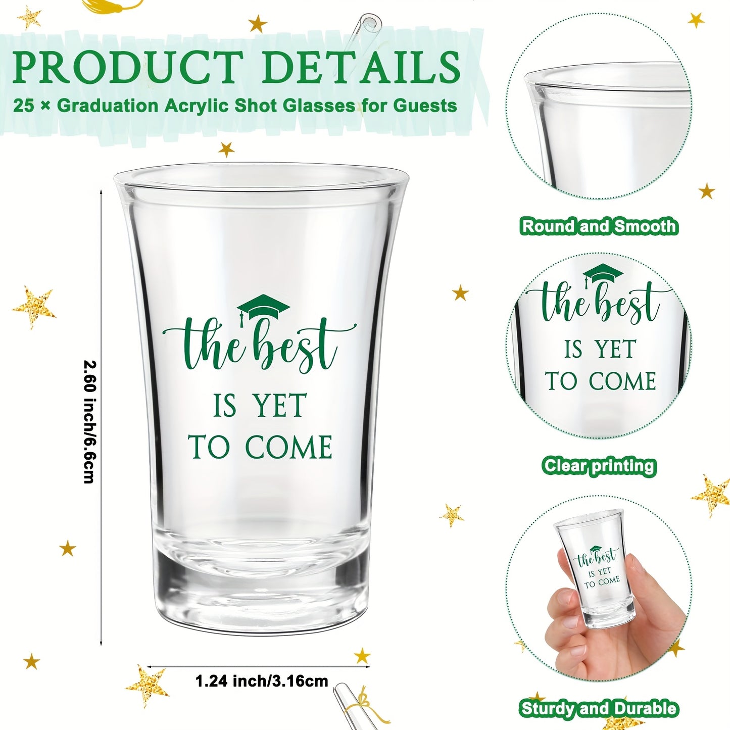 25 Set Graduation Gifts Party Packs Class of 2025 the Best Is Yet to Come Acrylic Shot Glasses with Thank You Cards and Organza Bags for High School College Grad Guests Souvenir Gifts (Green)
