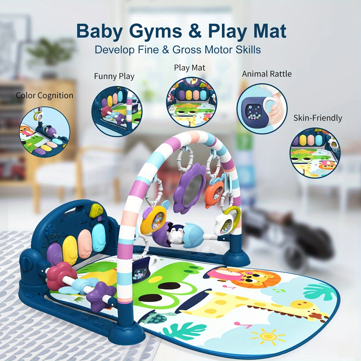 Baby Play Mat Baby Gym, Funny Play Piano Tummy Time Baby Activity Gym Mat With 5 Infant Learning Sensory Baby Toys, Music And Lights Boy & Girl Gifts For Newborn Baby 0 To 3 6 9 12 Months