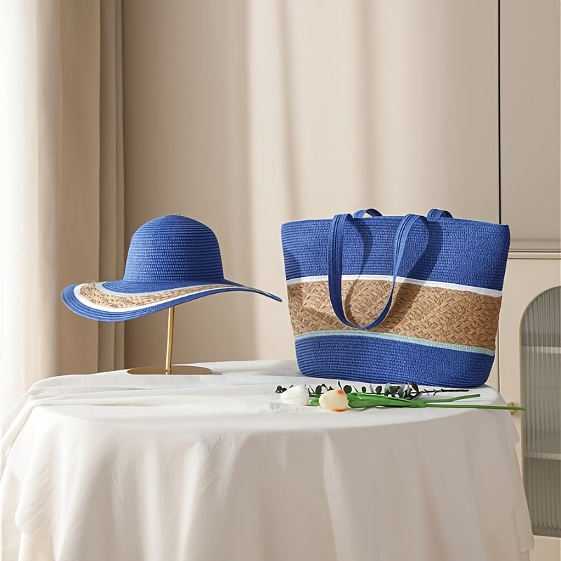 Summer Travel Set: 2pcs Wide Brim Straw Hat And Large Capacity Beach Bag with Zipper Closure, Perfect for Summer Outdoor Adventures, Camping, And Beach Vacation