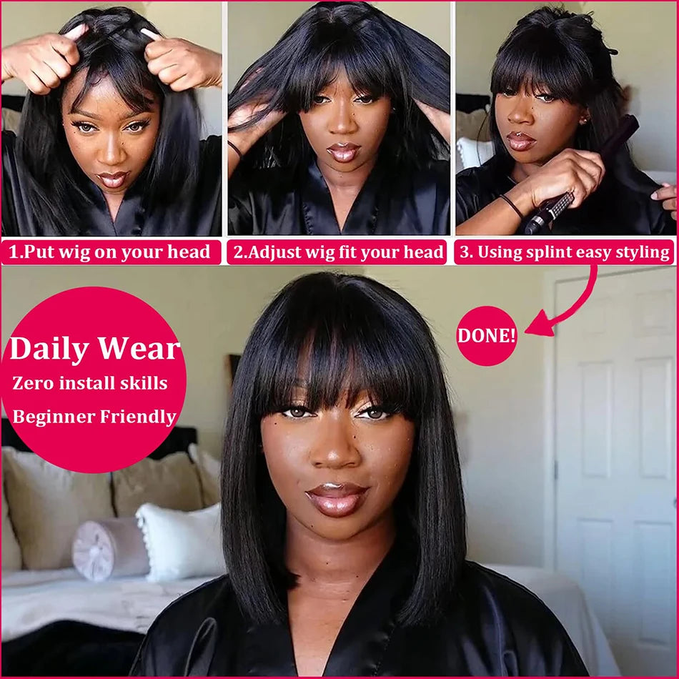 Bone Straight Human Hair Wig with Bangs