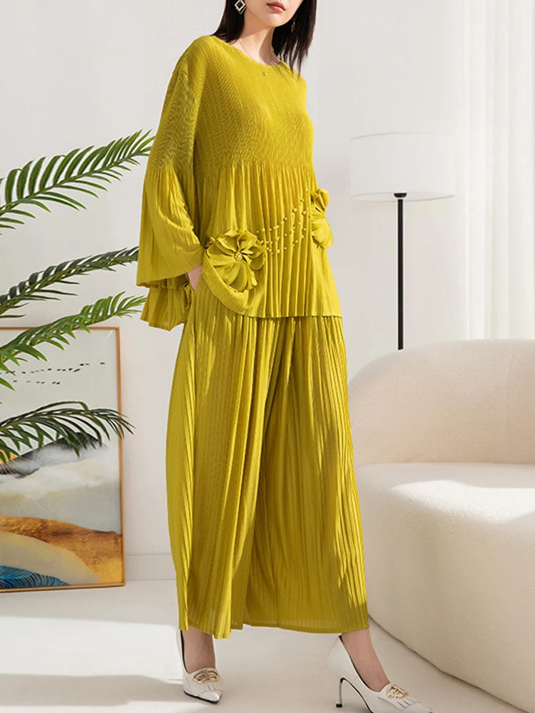 Women’s Floral Pleated Top & Wide Pants Set
