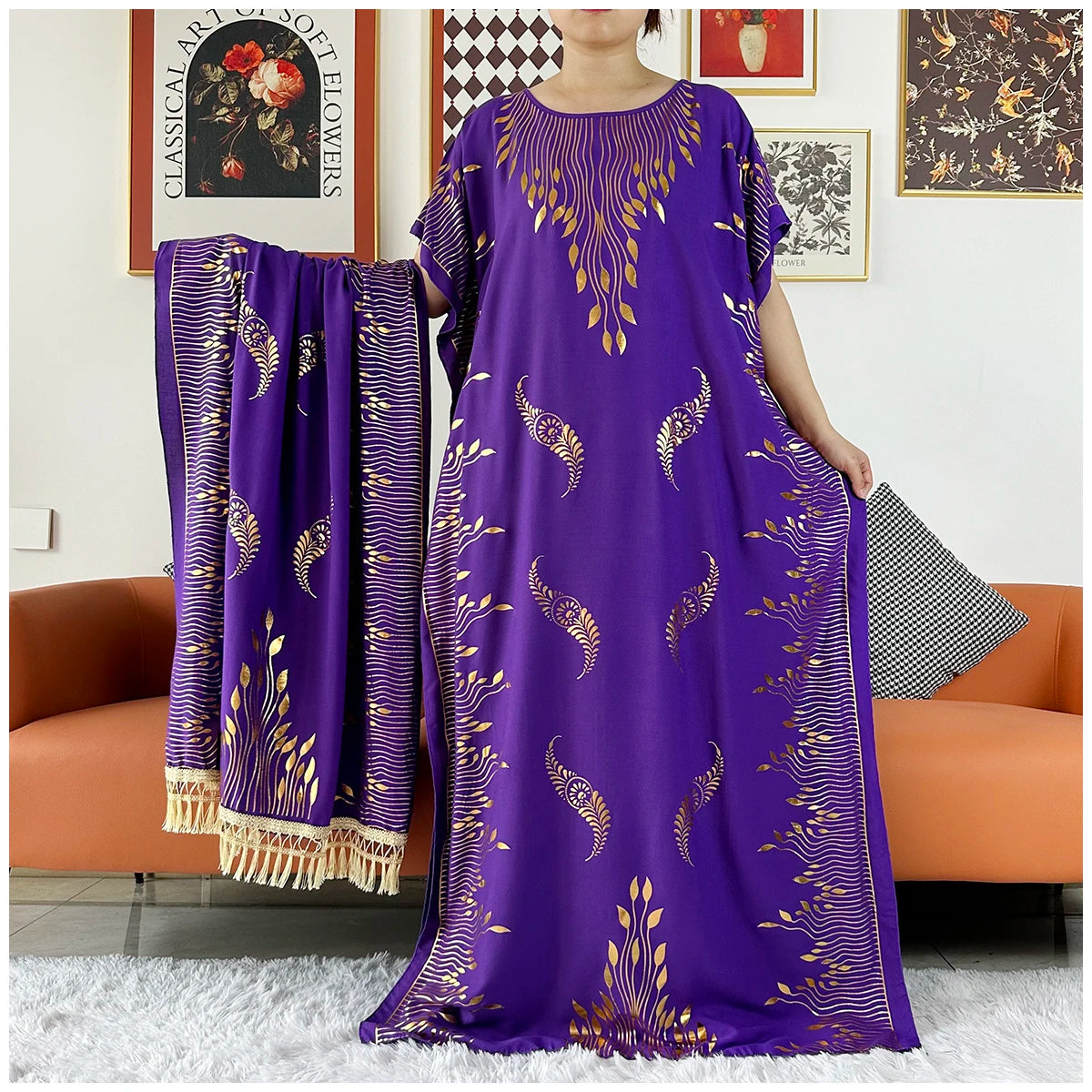 Women Dubai Print Caftan Dress with Headscarf