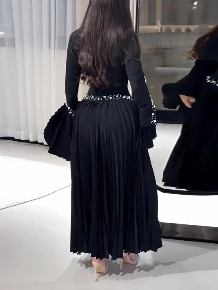 Pleated Black Rhinestone Evening Dress for Women