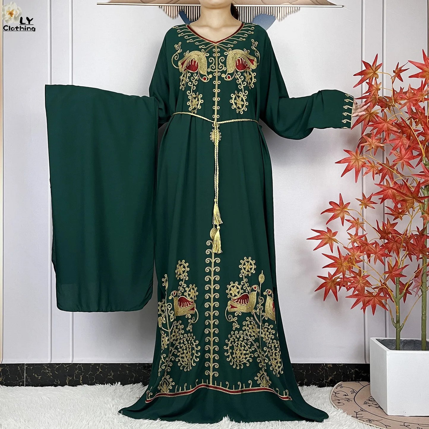 Women Floral Embroidery Abaya Dress with Headscarf