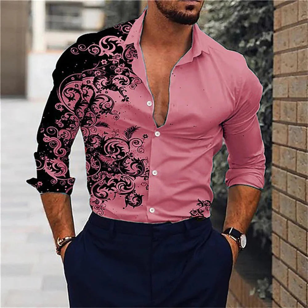 Men’s Elegant Pink Hawaiian Long Sleeve Shirt