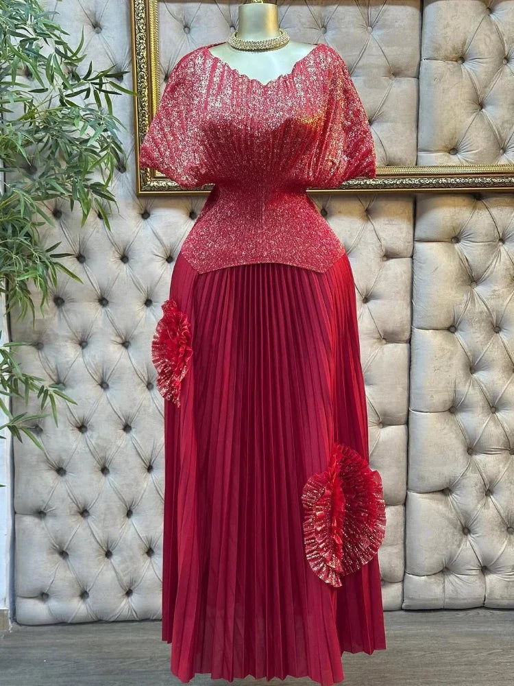 Women Batwing Top & 3D floral Pleated Skirt