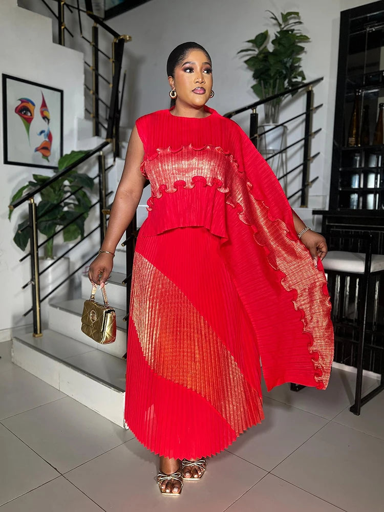 Elegant Pleated Shawl Top & Long Skirt Set