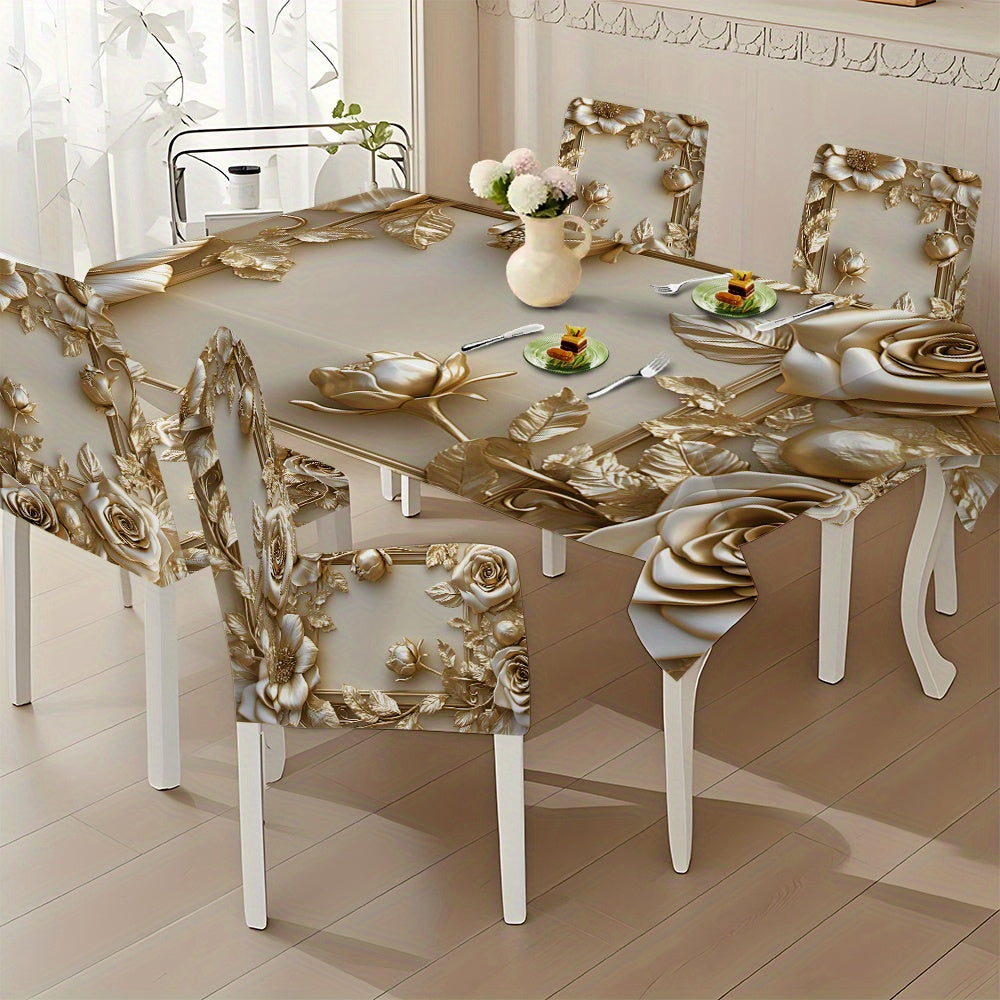 5pcs/ 7pcs Luxury Golden Flower Pattern Tablecloth And Chair Cover Set, 5pcs (1 Tablecloth 4 Chair Covers), 7pcs (1 Tablecloth 6 Chair Covers), Non-Slip Tablecloth Chair Cover, Suitable for Family Gatherings, Holiday Table An