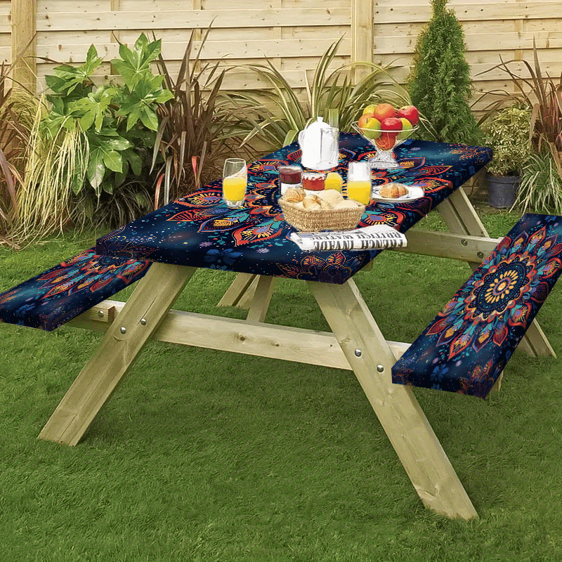 1/3pcs Outdoor Picnic Tablecloth Set (1 Tablecloth + 2 Stool Sets) Bohemian Style Colorful Floral Elastic Tablecloth, Edge Elastic Tablecloth, Suitable for Picnics, Camping, and Outdoor Activities
