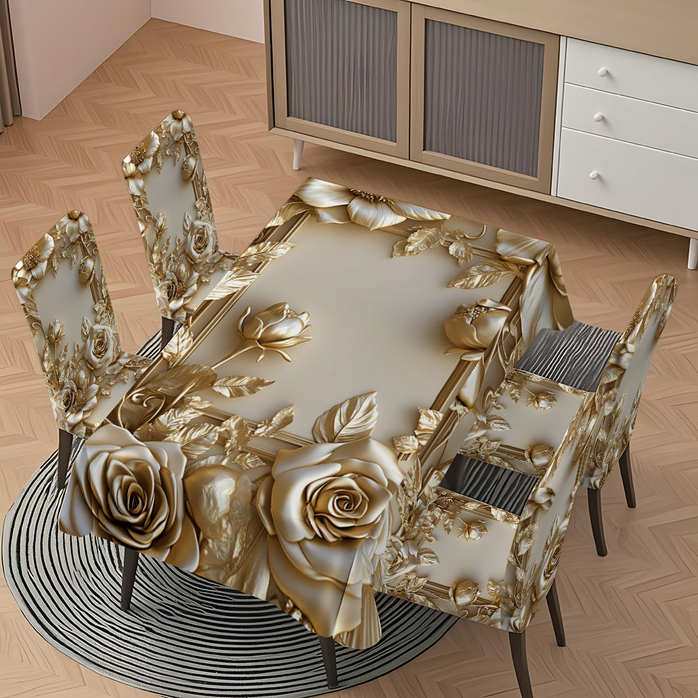 5pcs/ 7pcs Luxury Golden Flower Pattern Tablecloth And Chair Cover Set, 5pcs (1 Tablecloth 4 Chair Covers), 7pcs (1 Tablecloth 6 Chair Covers), Non-Slip Tablecloth Chair Cover, Suitable for Family Gatherings, Holiday Table An