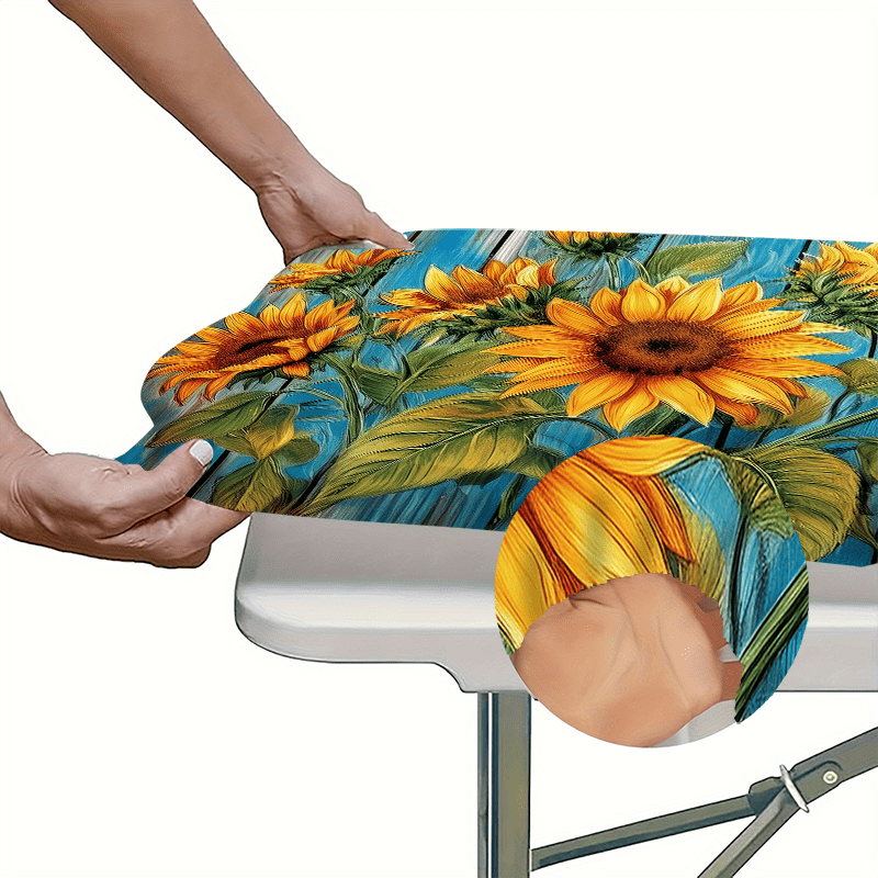 1pc Vibrant Sunflower Tablecloth with Elastic Design - Rectangular Polyester Outdoor Table Runner, Machine, Perfect for Camping, Picnics & Garden Parties, Adds Natural Charm to Your Dining Experience, Picnic Tablecloth | Vibr