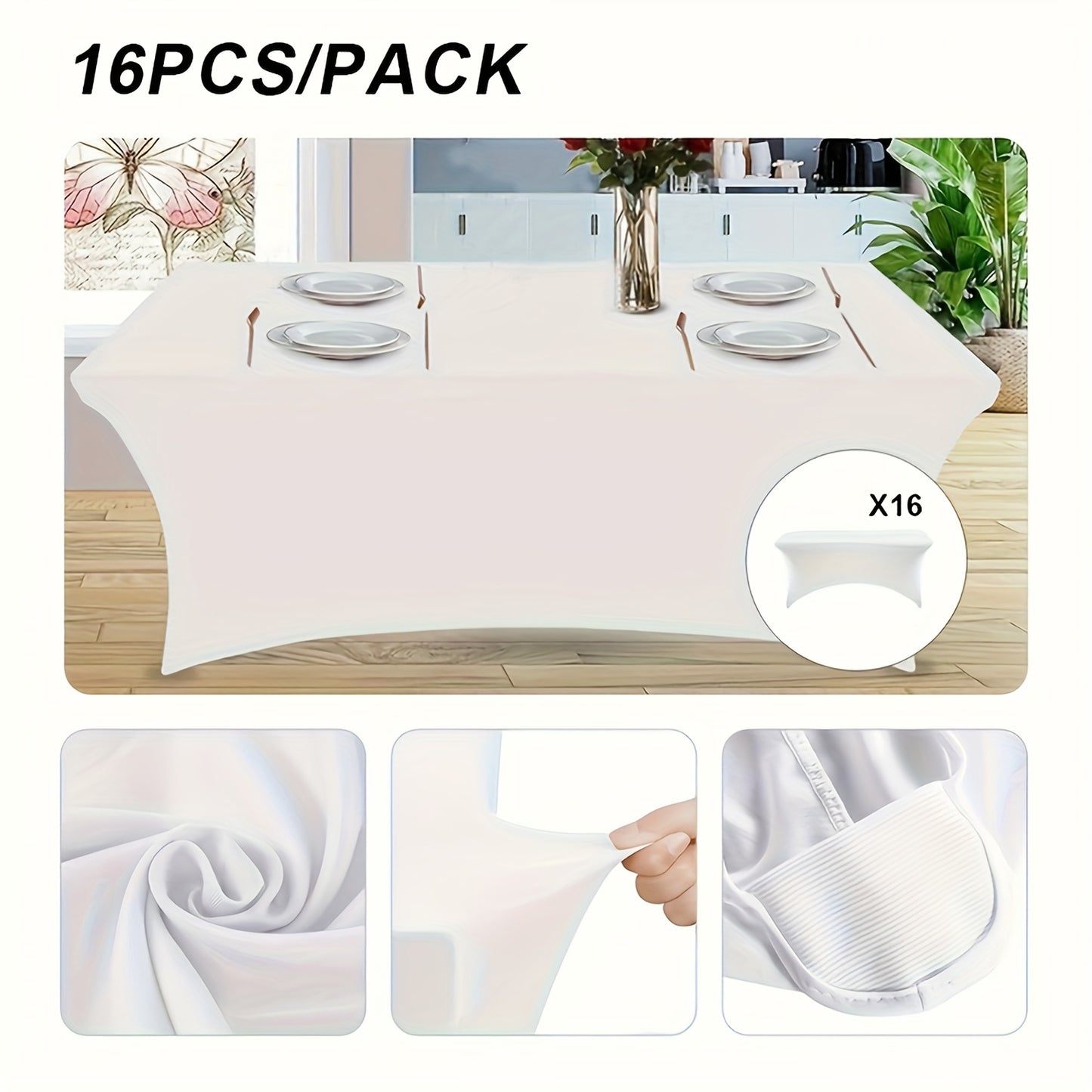 16pcs rectangular 6-foot elastic knitted table cover white suitable for kitchen parties, birthdays, buffets, Valentine's Day, Women's Day, Easter, easy to install, lay out, big promotion, Table Decorations