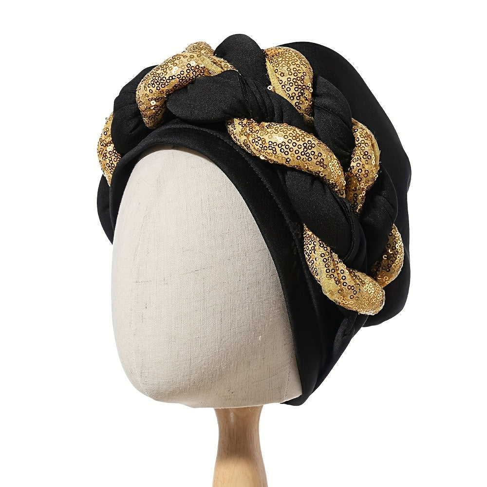 1pc Women's Elegant Turban Headwrap - Golden Spangle 2-Strand Braid, Lightweight Polyester, Non-Stretch - Wedding & Festive Attire | Hand Wash/Dry Clean | Toggle Closure