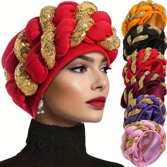 1pc Women's Elegant Turban Headwrap - Golden Spangle 2-Strand Braid, Lightweight Polyester, Non-Stretch - Wedding & Festive Attire | Hand Wash/Dry Clean | Toggle Closure