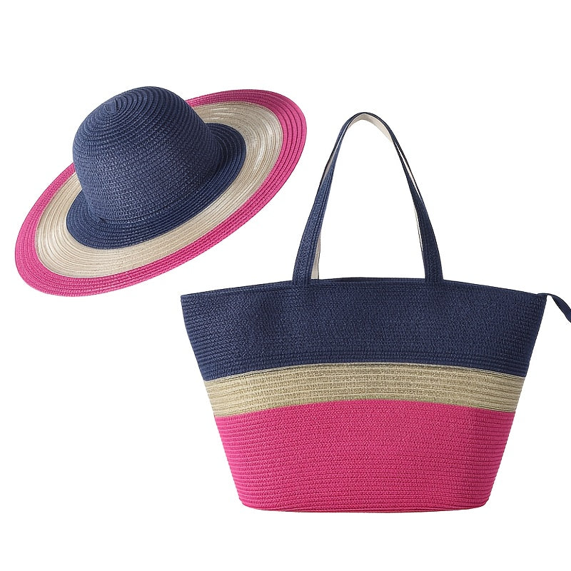Summer Travel Set: 2pcs Wide Brim Straw Hat And Large Capacity Beach Bag with Zipper Closure, Perfect for Summer Outdoor Adventures, Camping, And Beach Vacation