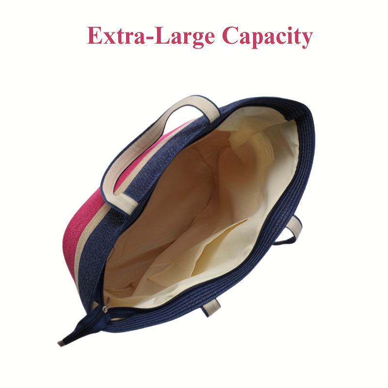Summer Travel Set: 2pcs Wide Brim Straw Hat And Large Capacity Beach Bag with Zipper Closure, Perfect for Summer Outdoor Adventures, Camping, And Beach Vacation