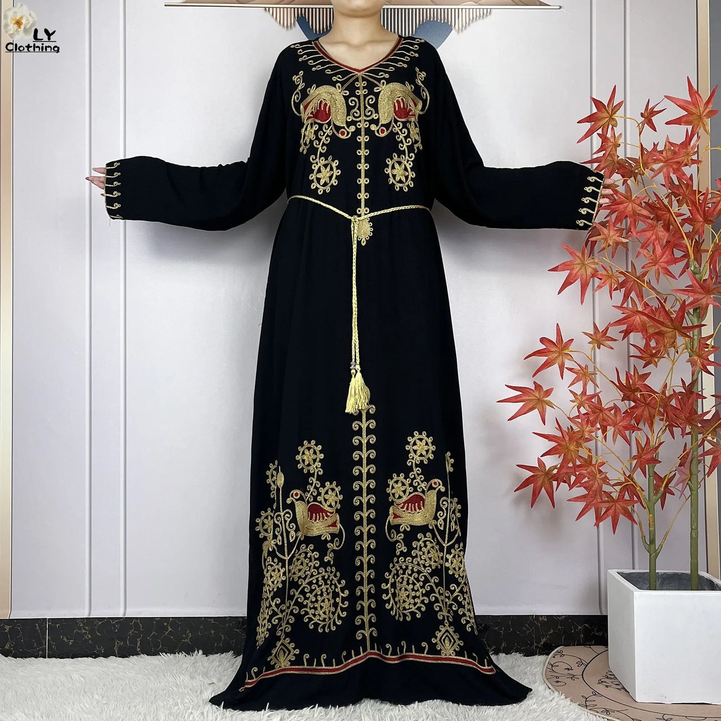 Women Floral Embroidery Abaya Dress with Headscarf