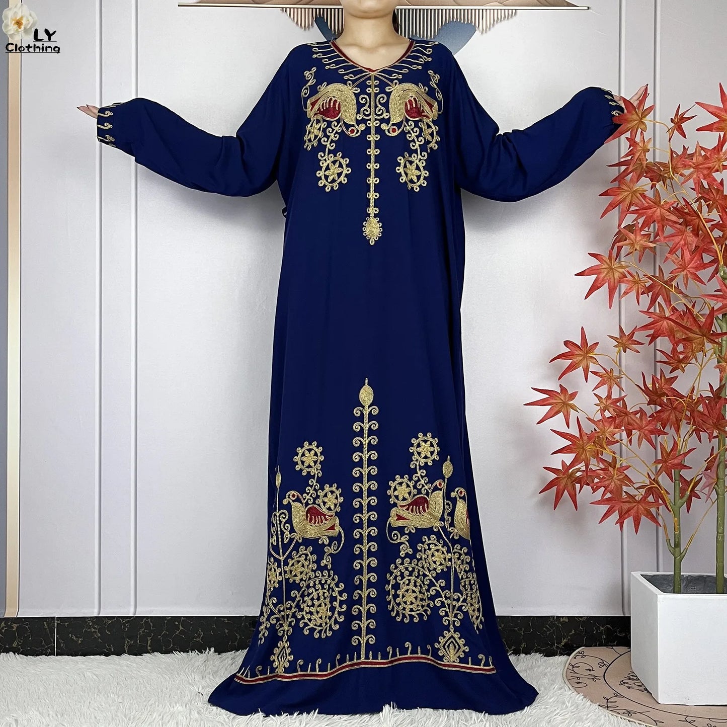 Women Floral Embroidery Abaya Dress with Headscarf