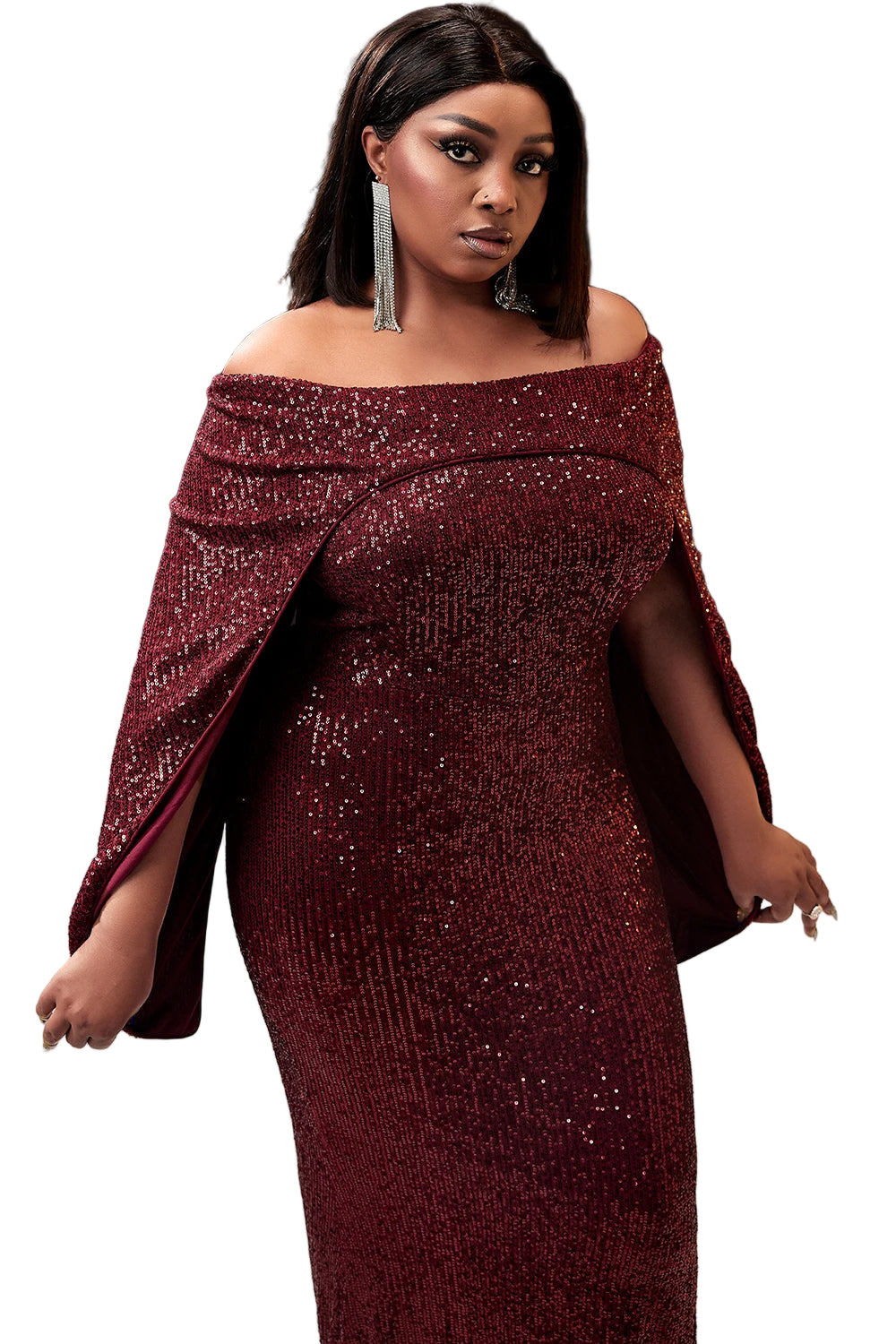 Women Plus Size Burgundy Sequin Formal Dress