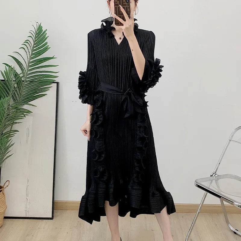 Elegant Pleated Fungus Edge Dress for Women