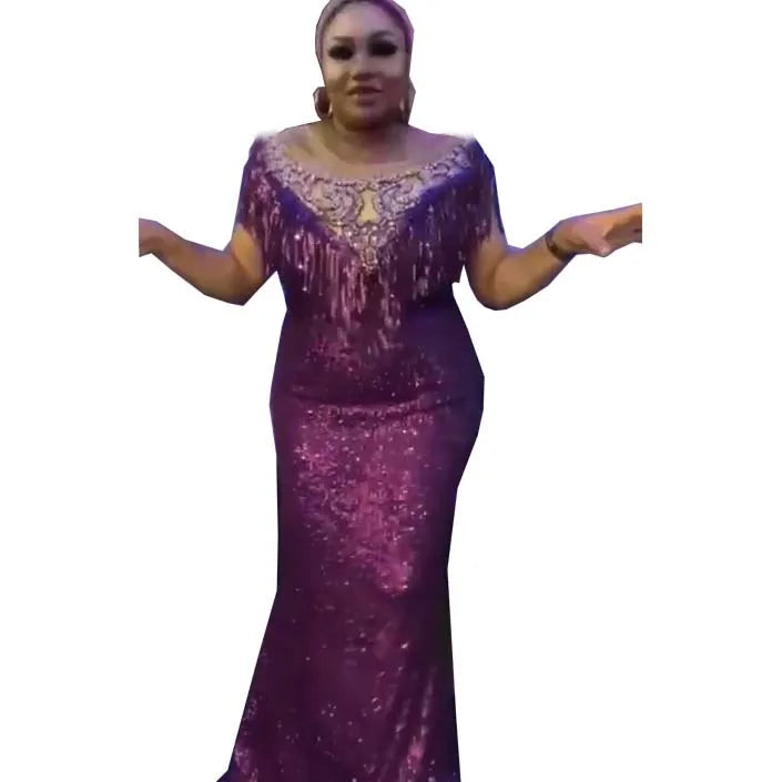 Long Sequin Party Gown with Tassel