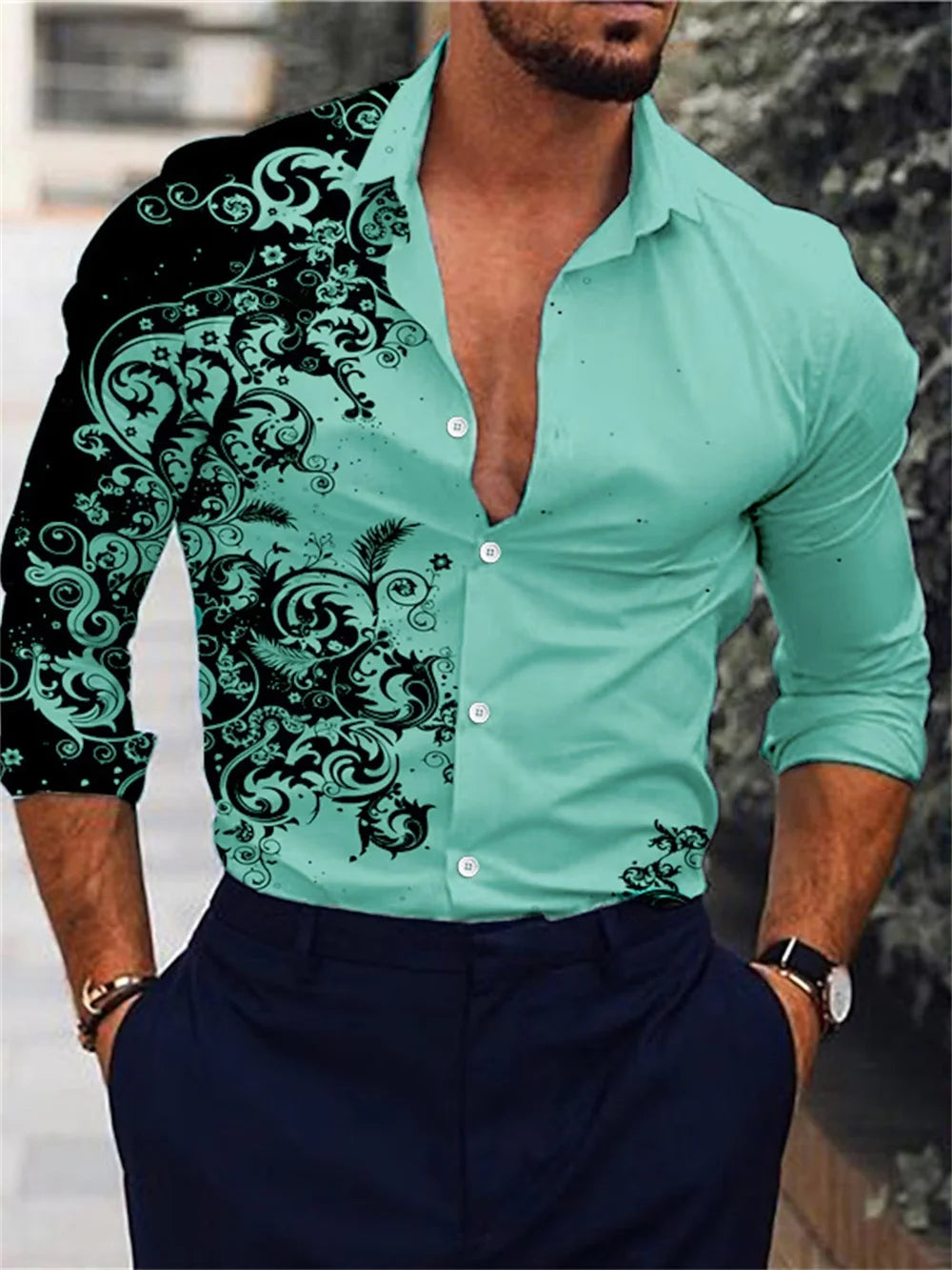 Men’s Elegant Pink Hawaiian Long Sleeve Shirt