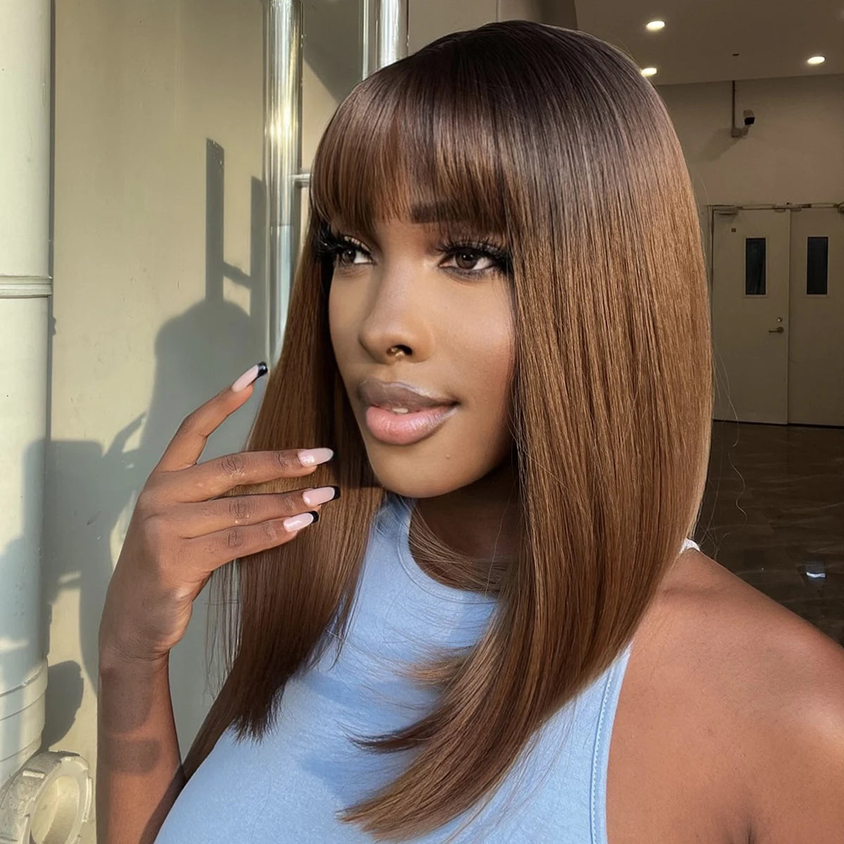 Brown Ombre Medium Length Wig with Bangs