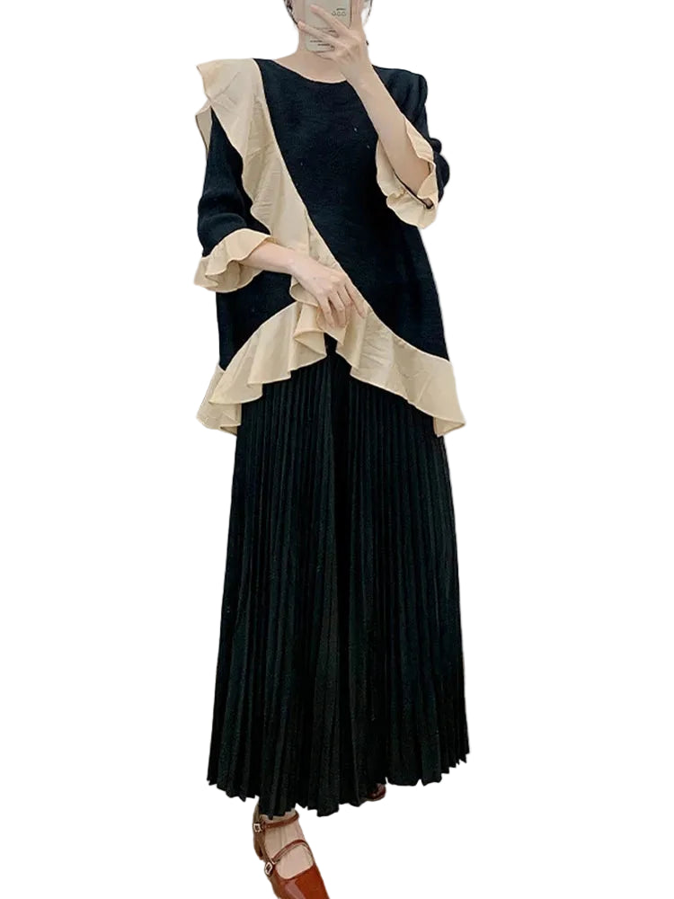 Women’s Ruffled Pleated Top & Wide Pants Set