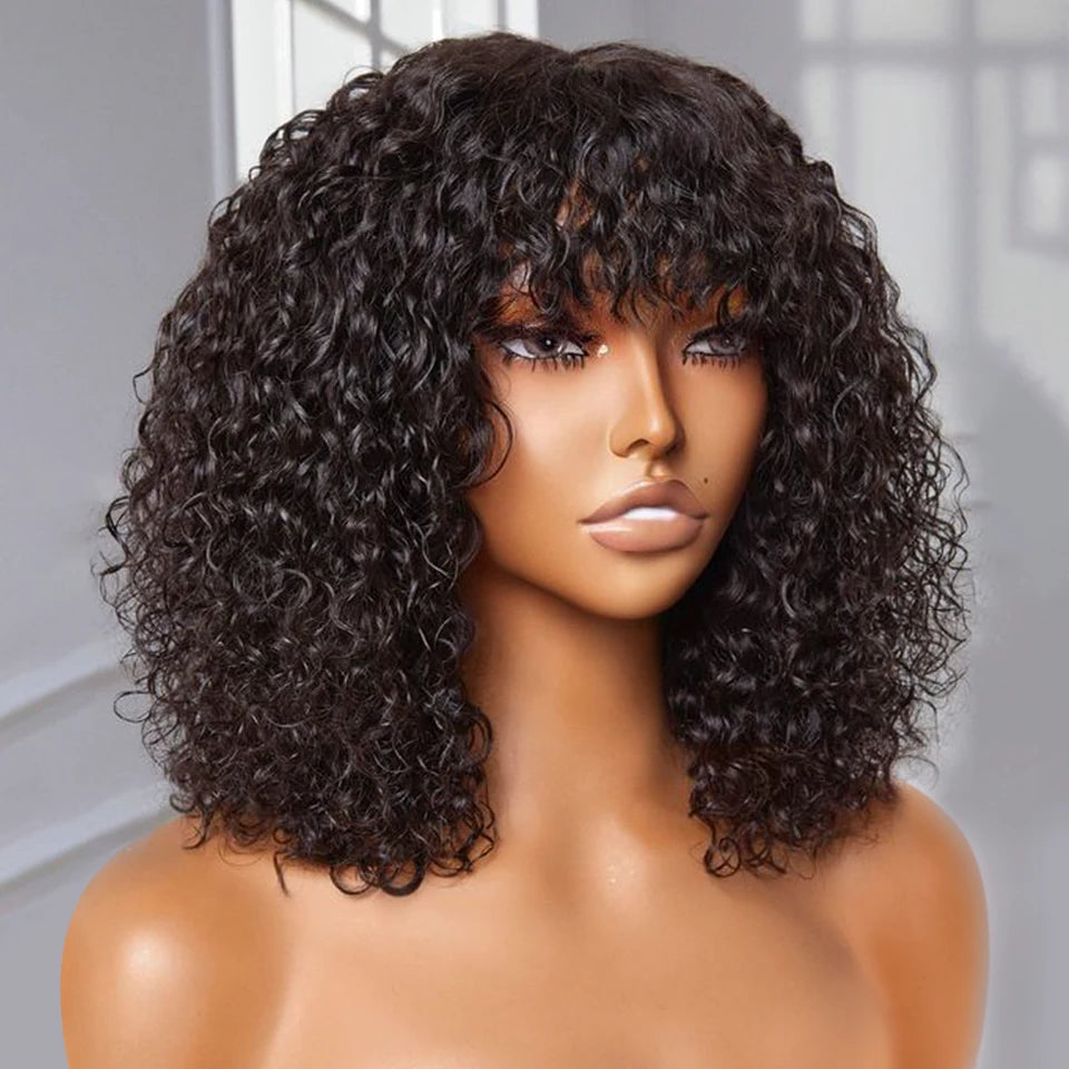 Jerry Curly Short Bob Human Hair Wigs With Bangs