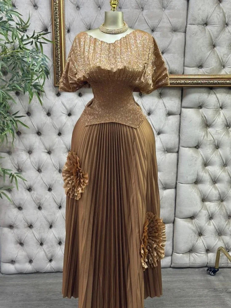 Women Batwing Top & 3D floral Pleated Skirt