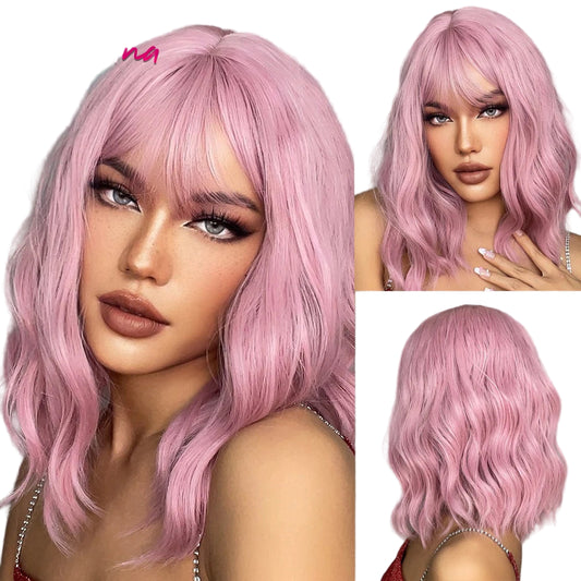 Synthetic Short Wavy Colored Wig with Bangs