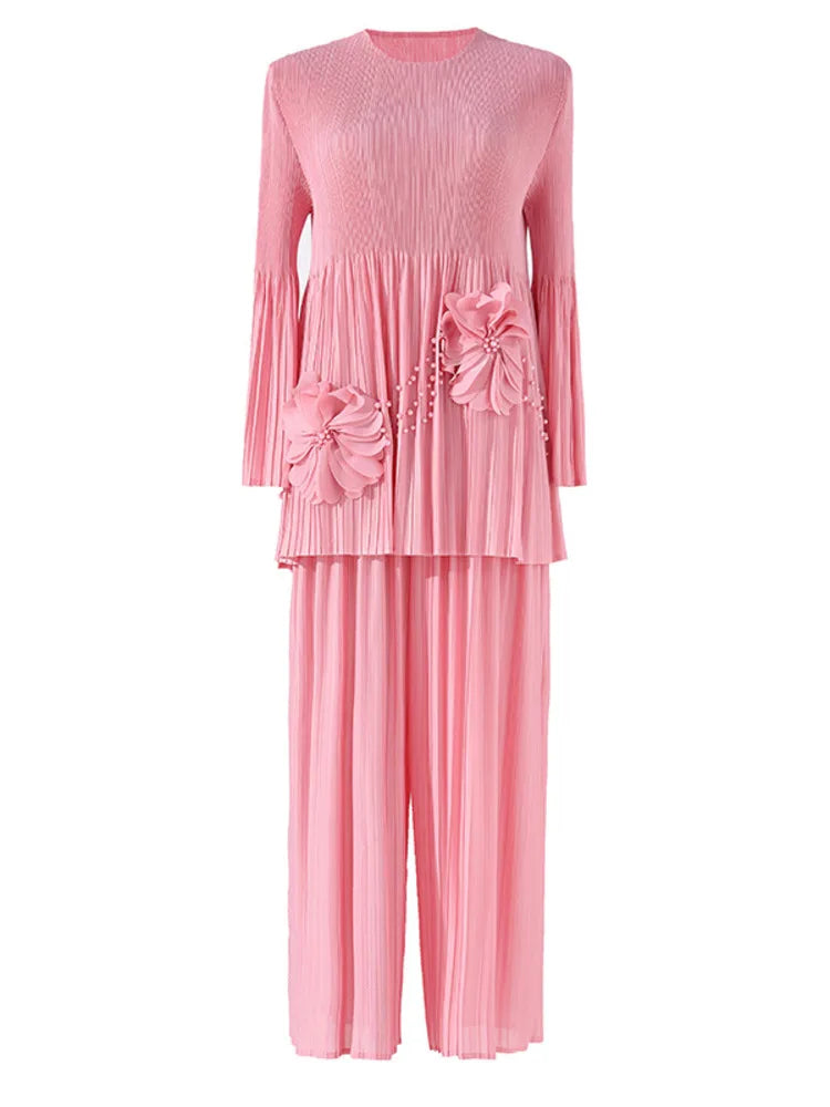 Women’s Floral Pleated Top & Wide Pants Set