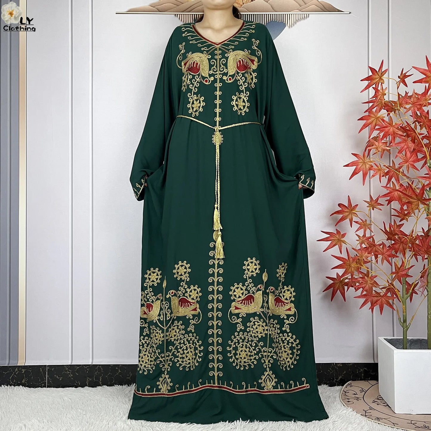 Women Floral Embroidery Abaya Dress with Headscarf