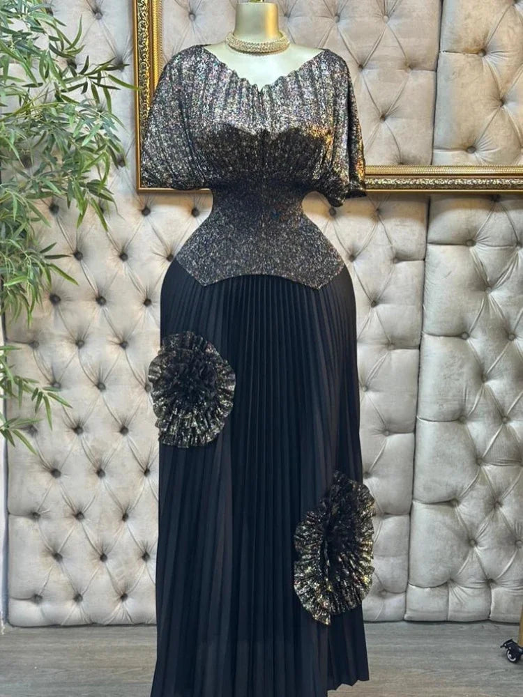 Women Batwing Top & 3D floral Pleated Skirt