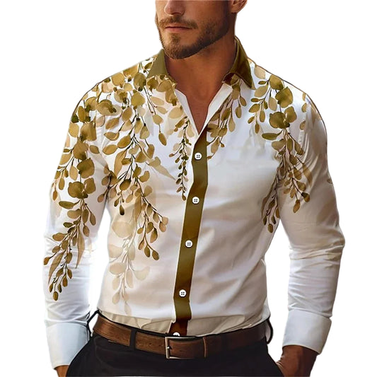 Kenis Men’s 3D Leaf Print Casual Long Sleeve Shirt