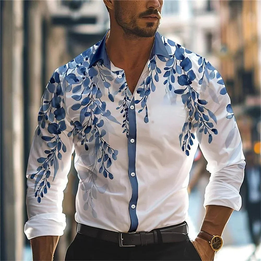 Kenis Men’s 3D Leaf Print Casual Long Sleeve Shirt