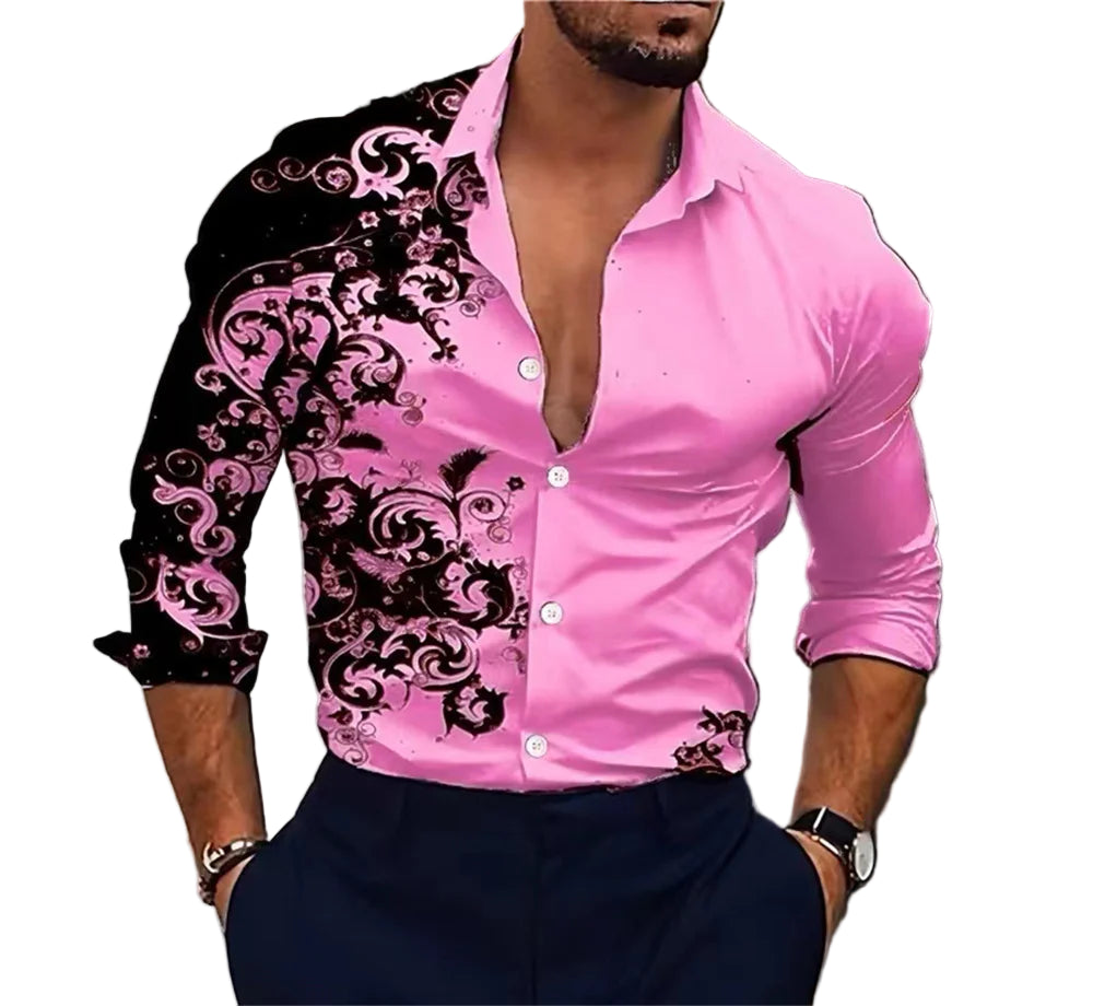 Men’s Elegant Pink Hawaiian Long Sleeve Shirt
