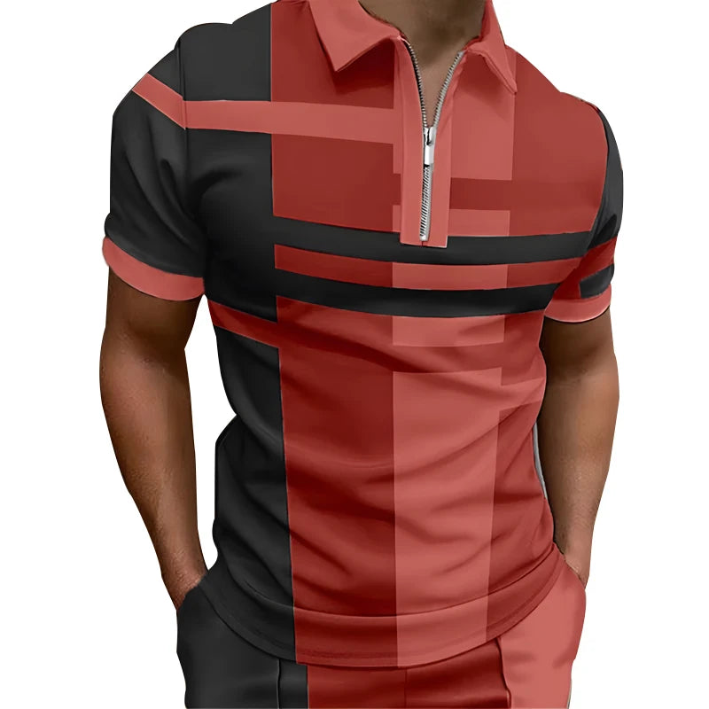 Men's Color Block Zipper Polo Shirt