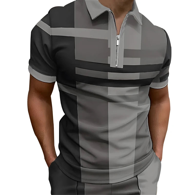 Men's Color Block Zipper Polo Shirt