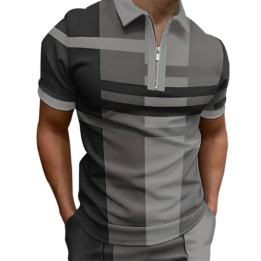Men's Color Block Zipper Polo Shirt
