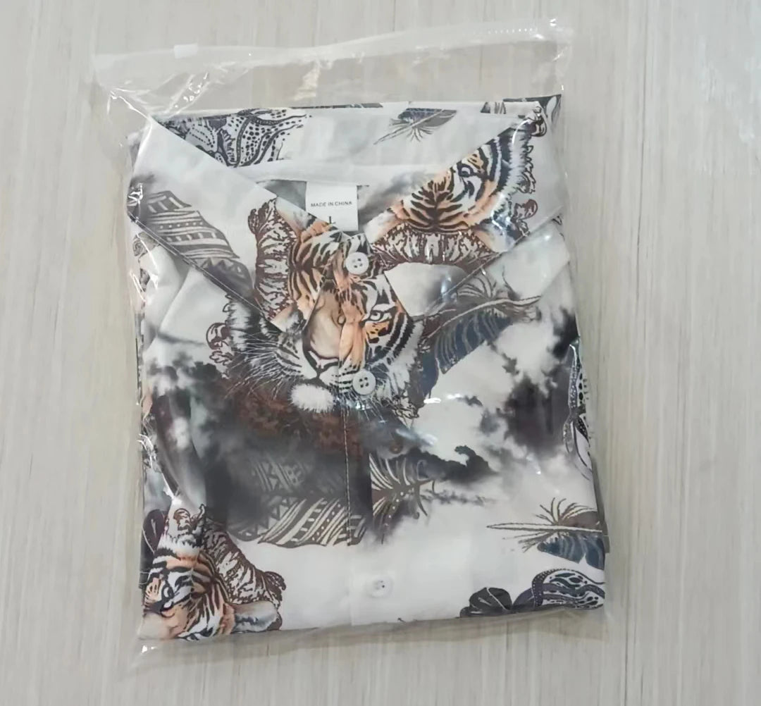 Men's Tiger & Leopard Feather Print Long Sleeve Shirt