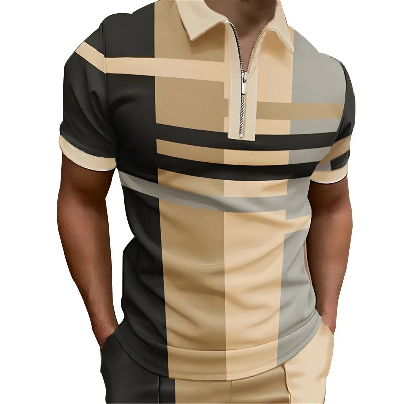 Men's Color Block Zipper Polo Shirt