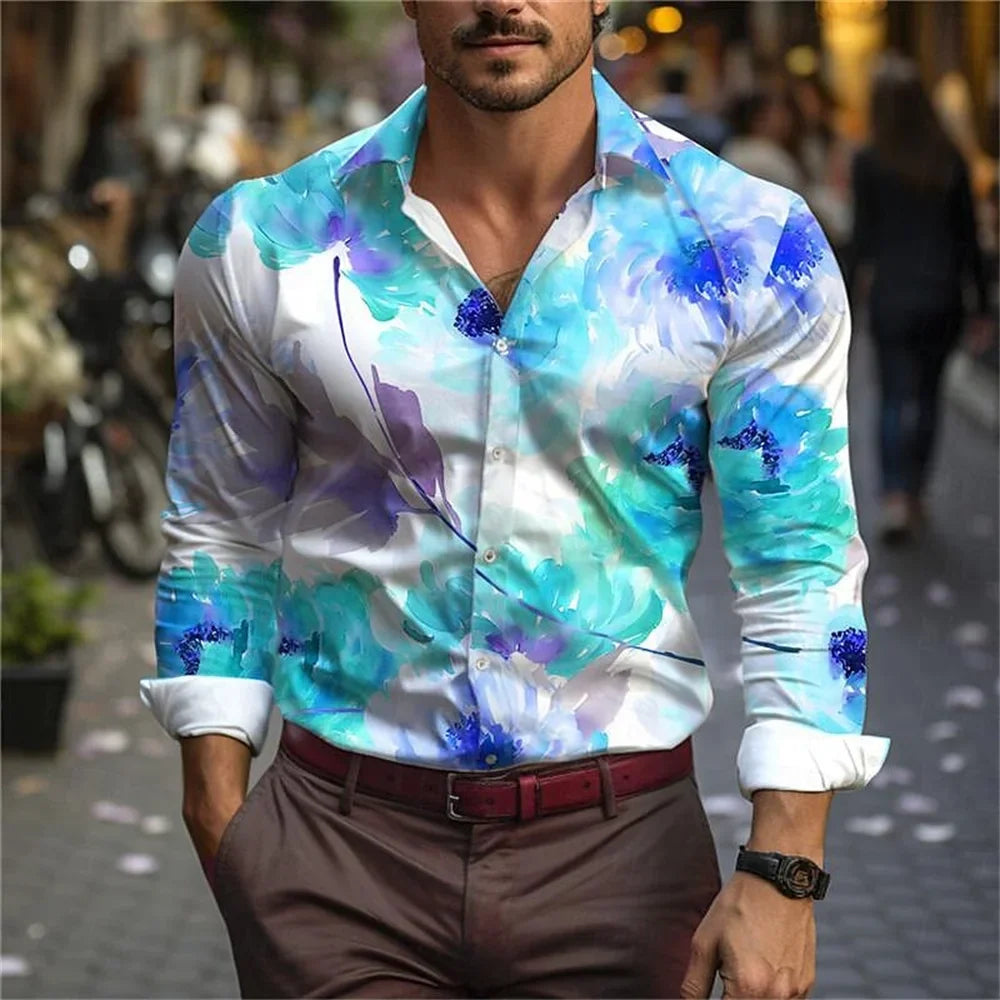 Kenis Men’s 3D Leaf Print Casual Long Sleeve Shirt