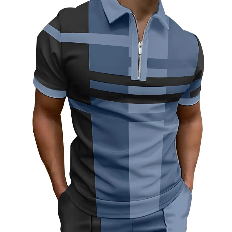 Men's Color Block Zipper Polo Shirt